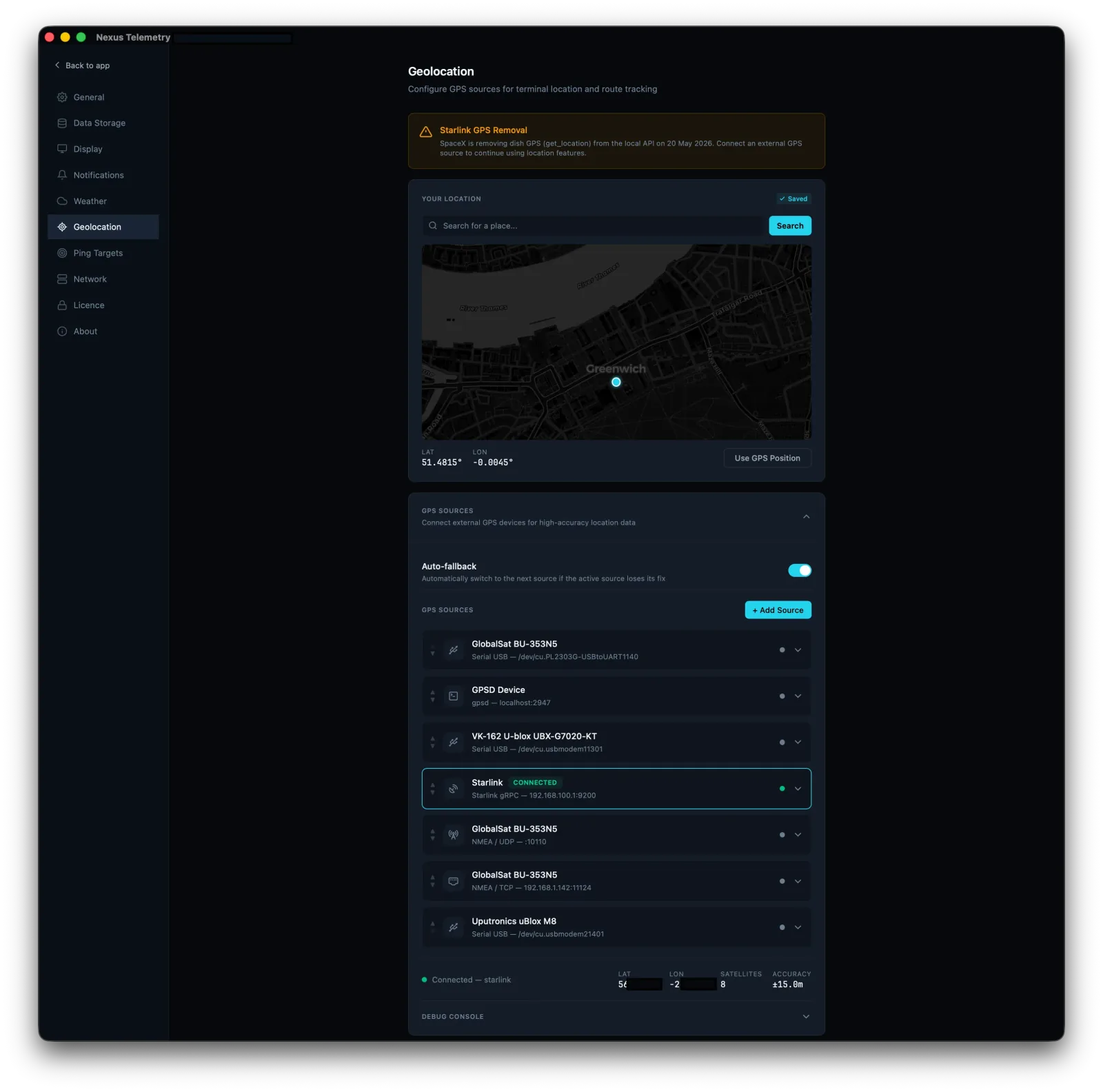 Nexus Telemetry geolocation settings showing multiple GPS sources with automatic fallback