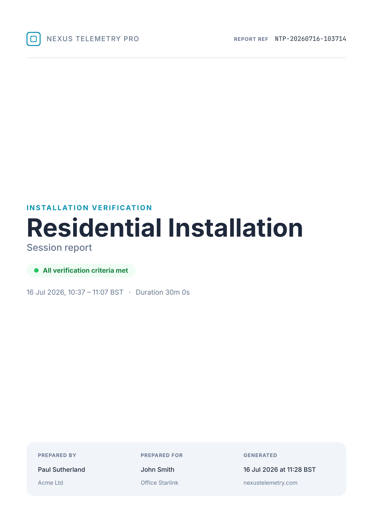 Cover page of a Nexus Telemetry Pro session report, the Residential Installation document an installer hands the customer