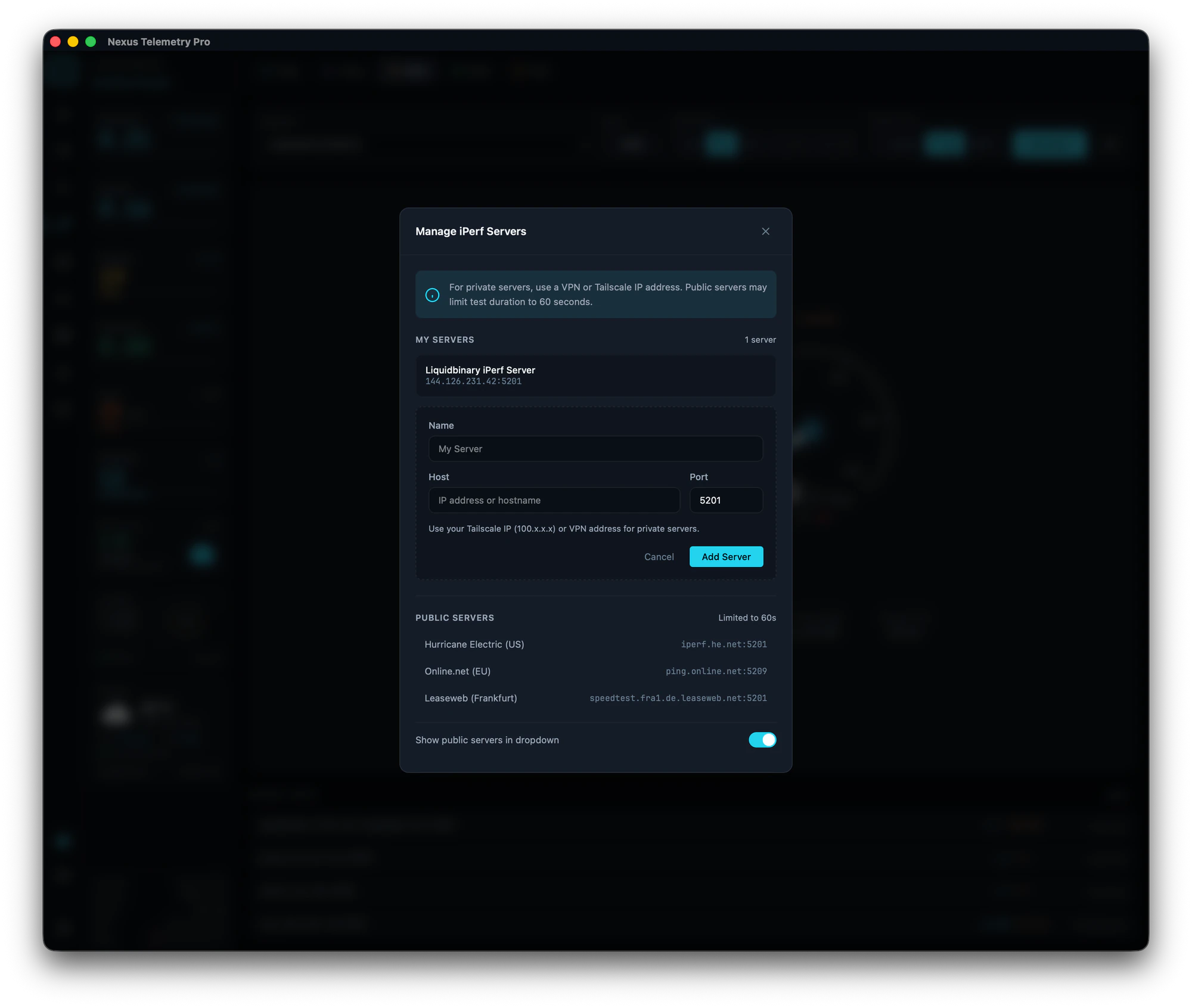 The Manage iPerf Servers dialog in Nexus Telemetry Pro: adding your own server with name, host and port, above a list of curated public servers with their 60-second cap