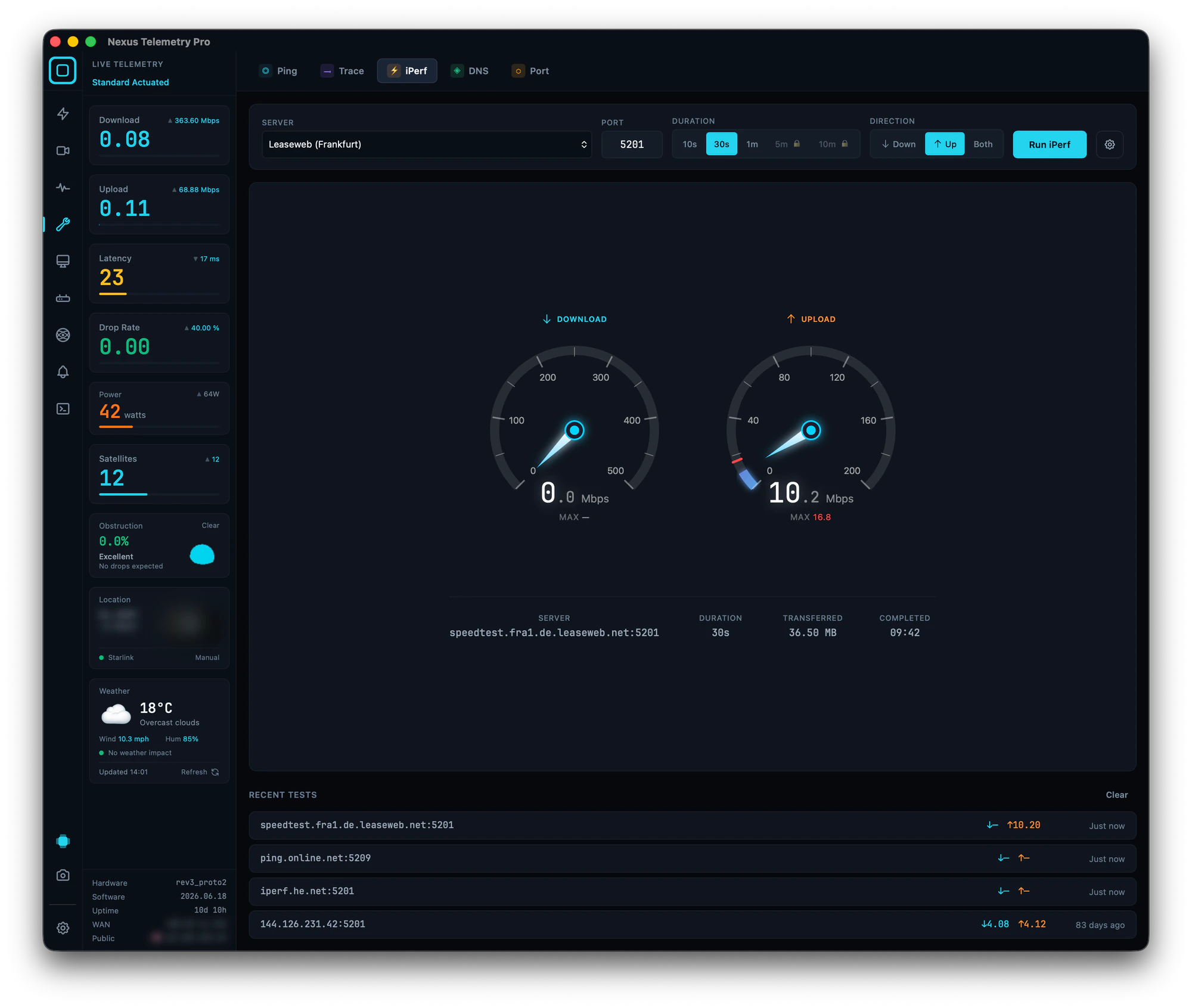 The built-in iPerf client in Nexus Telemetry Pro, with server picker, port, duration and direction controls