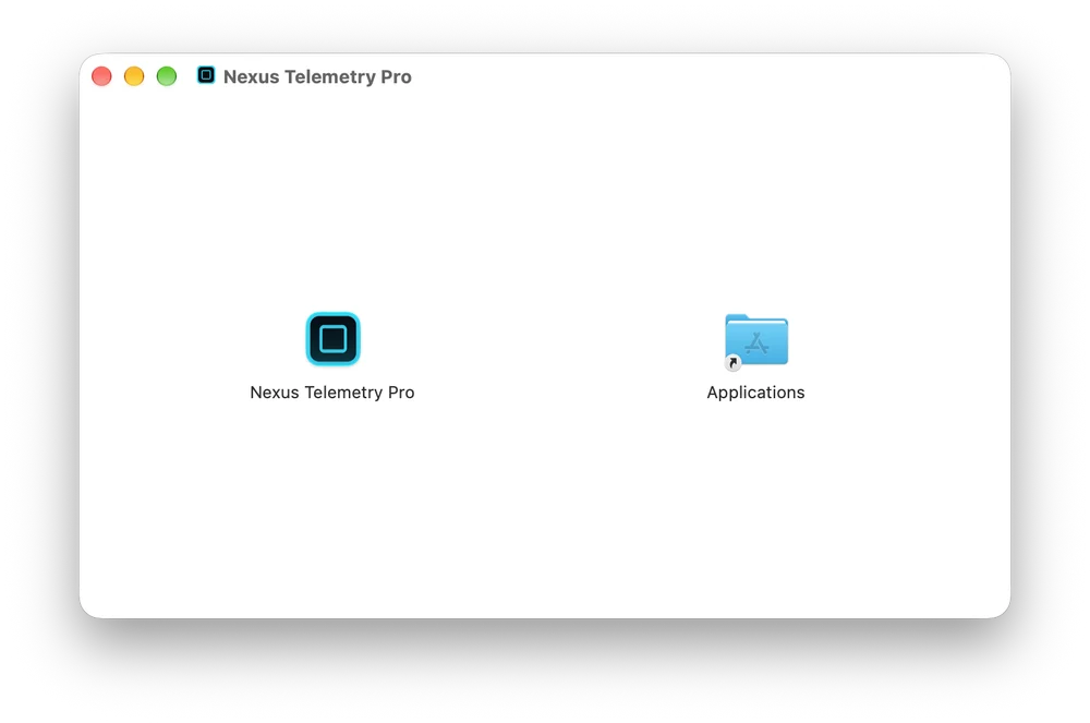 The disk image window, with the Nexus Telemetry Pro app beside the Applications folder.