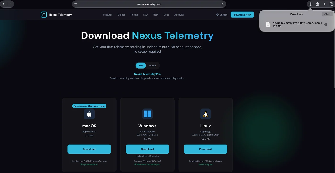 The Nexus Telemetry download page in Safari, with the macOS disk image finished in the downloads list.
