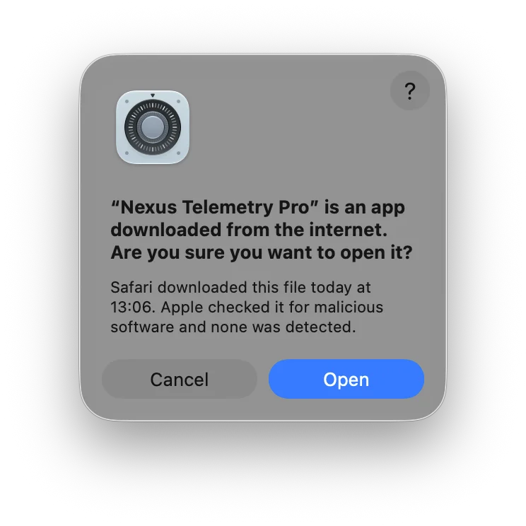The macOS prompt for an app downloaded from the internet, saying Apple checked it for malicious software and none was detected.