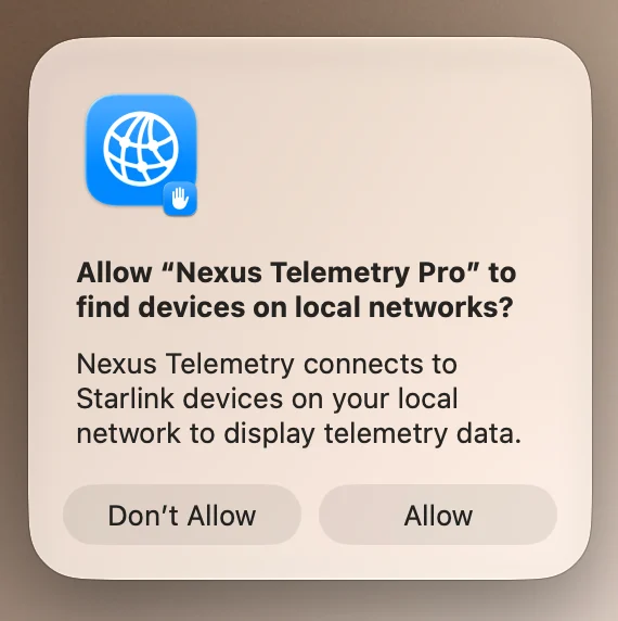 The macOS prompt asking to allow Nexus Telemetry Pro to find devices on local networks.