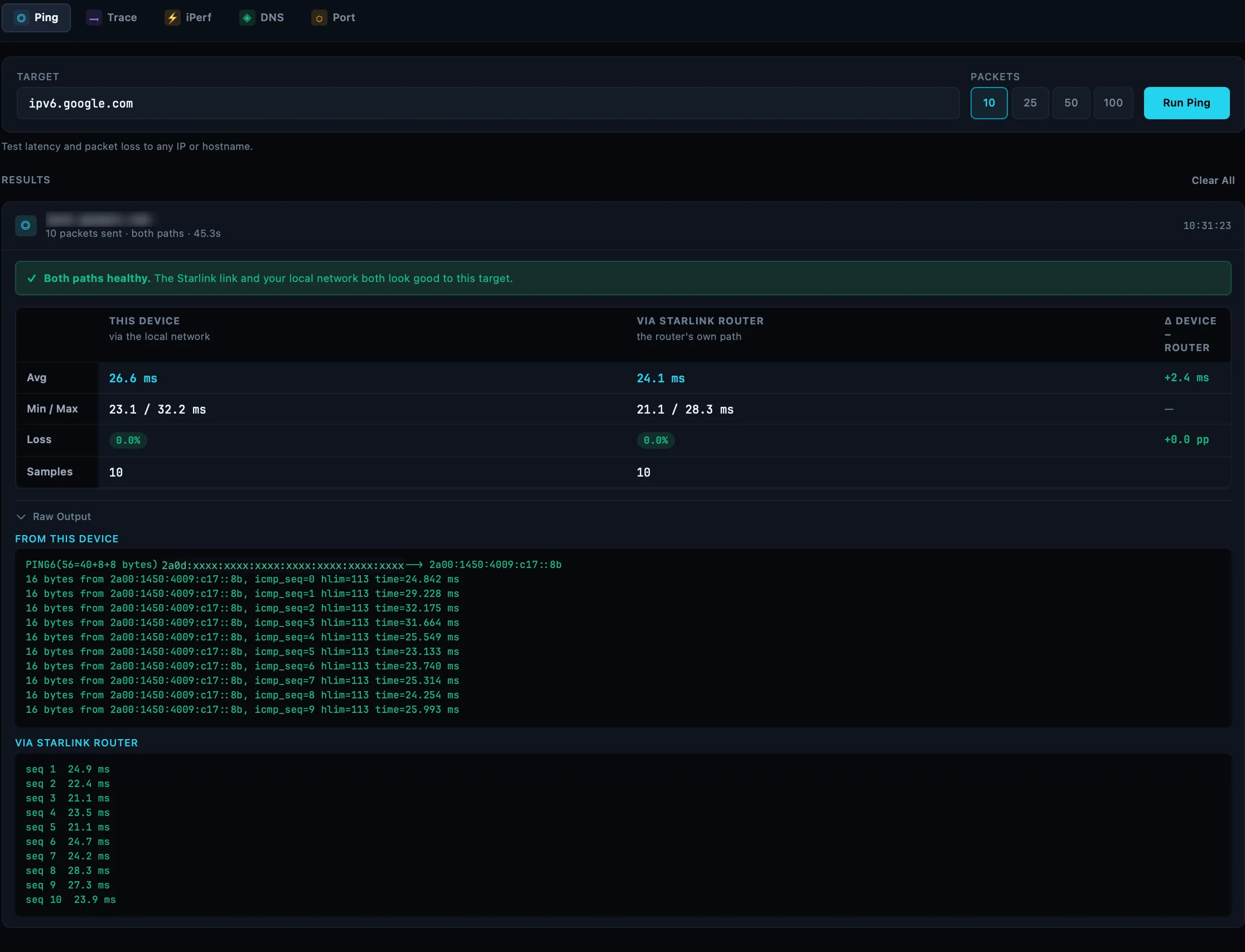 Ping diagnostics in Nexus Telemetry Pro showing results from this device and via the Starlink router side by side