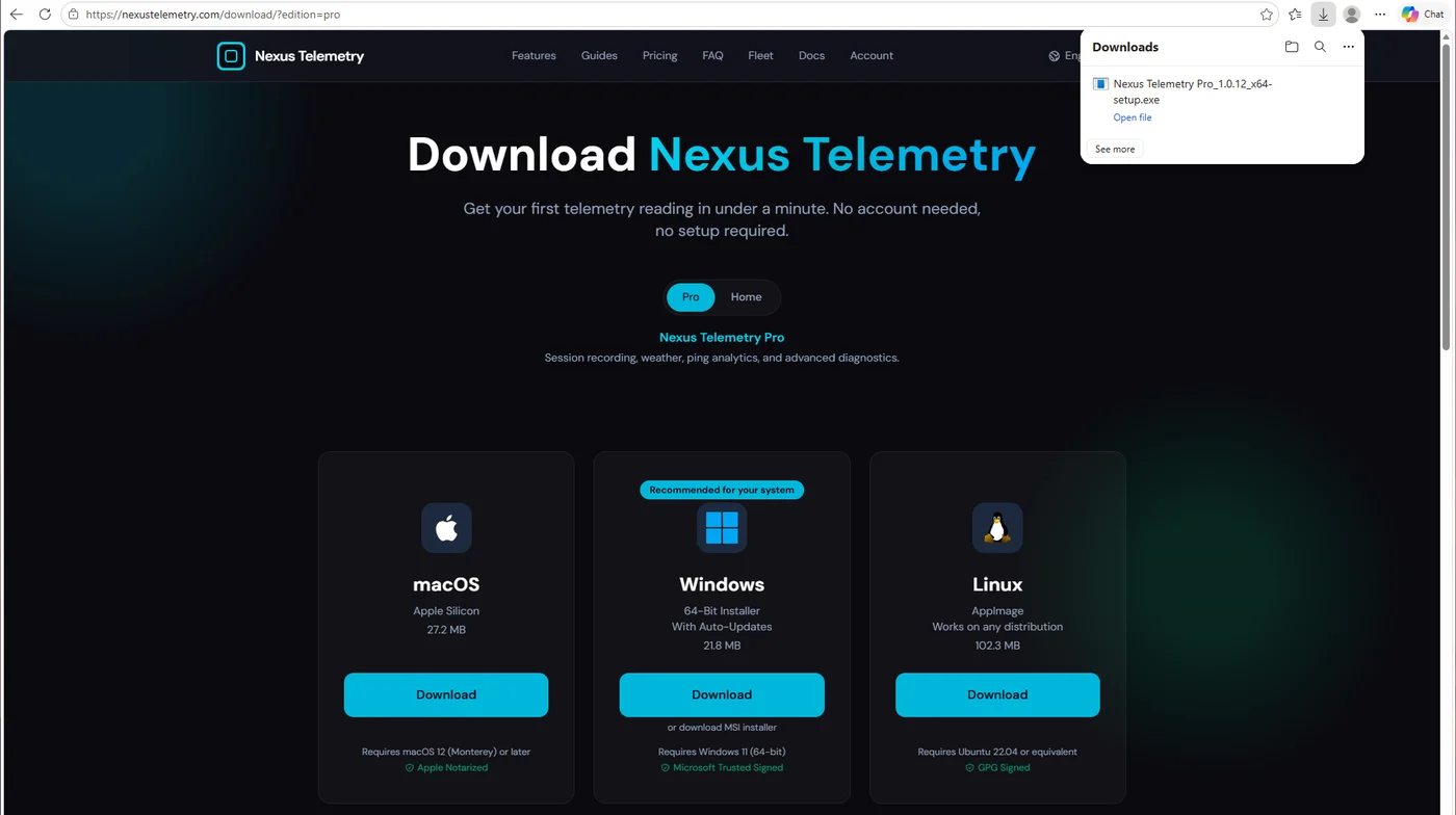 The Nexus Telemetry download page in Microsoft Edge, with the Windows installer finished in the downloads panel and the Windows card marked Microsoft Trusted Signed.