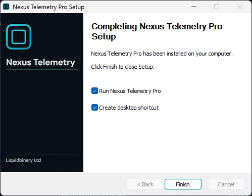 The final installer step, with Run Nexus Telemetry Pro and Create desktop shortcut both ticked.