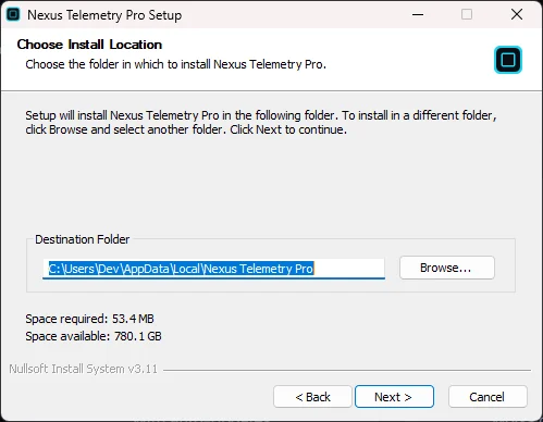 The installer's Choose Install Location step, installing to the current user's AppData Local folder.